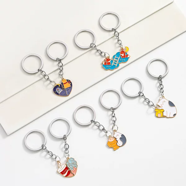 Foreign trade new good friend rose love key chain pendant cat eat fish ice drink alloy couple key chain