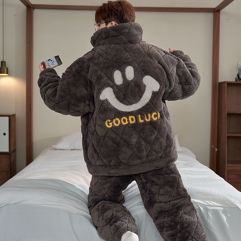 Three-Layer Quilted Pajamas for Men, Autumn and Winter Fleece-Lined, Thickeneded Coral Velvet, Hunan Province Clothing, Youth Home Wear Set
