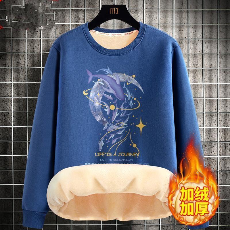 High school student fleece-lined thickened sweater men's fashion brand young student Klein blue warm top couple coat 12