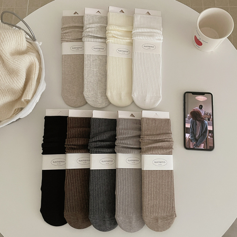 suxinaimin retro relaxed style slouch socks for autumn and winter, low saturation vertical ribbed mid-calf socks, double-needle women's socks