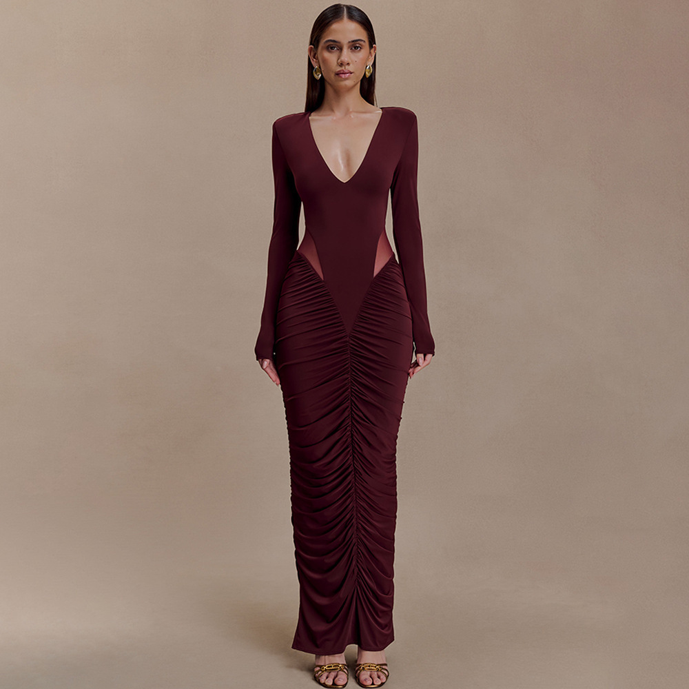 Europa y América transfronterizos otoño / invierno 2025 nuevo color sólido de manga larga profunda V-collar sexy vestido de cadera vacío para mujeres image 3