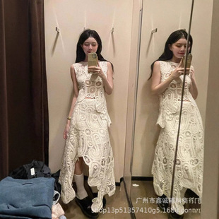 European vintage hollow mesh crochet design suit irregular sleeveless vest top high waist skirt suit