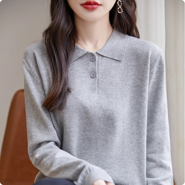 Women's Polo Collar Long-Sleeved Knitted Bottoming Shirt 2025 New Cotton Lapel Pullover Shirt with Knitted Knitwear Inside
