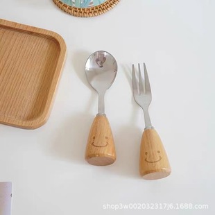Creative wooden handle stainless steel fork spoon knife set smiley face cute steak fruit fork set factory wholesale