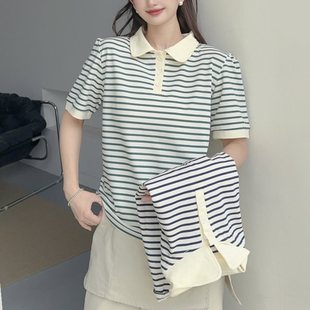 2025 New Summer Striped Short-Sleeve Women's Polo Shirt Slimming T-Shirt Thin Casual Versatile Top
