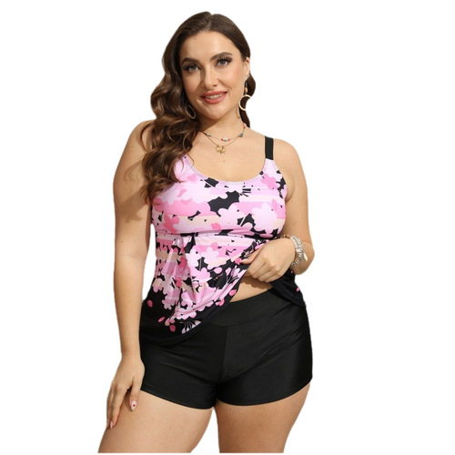2025 European and American Style Two-piece Tankini Swimsuit Printed Skirt Gathered Halter Swimsuit for Women