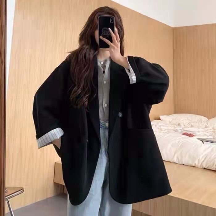 秋季新款韩版宽松条纹中长款黑色休闲西装外套女休闲外套女士西装|undefined