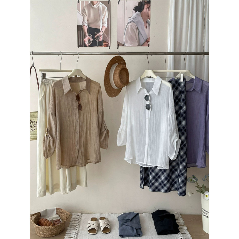 Summer Balloon Sleeve Vintage Resort Style Cotton Linen Sunscreen Shirt for Women