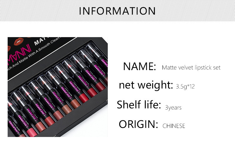 Langmanni 12-tube Velvet matte Lipstick Set, non-stick cup matte black tube lipstick Amazon Specification drawing