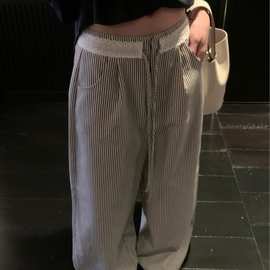 ins网红夏季新款花边拼接条纹直筒休闲裤慵懒阔腿裤百搭宽松长裤