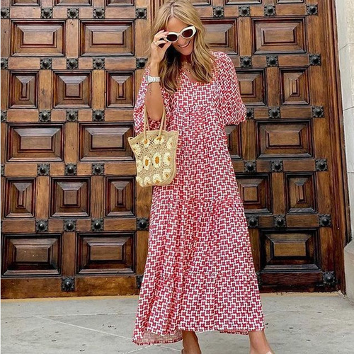 Geometric Print Bubble Sleeve Dress for Street Style, Bestselling Item in Autumn Independent Store, Plus Size Women's Fashion