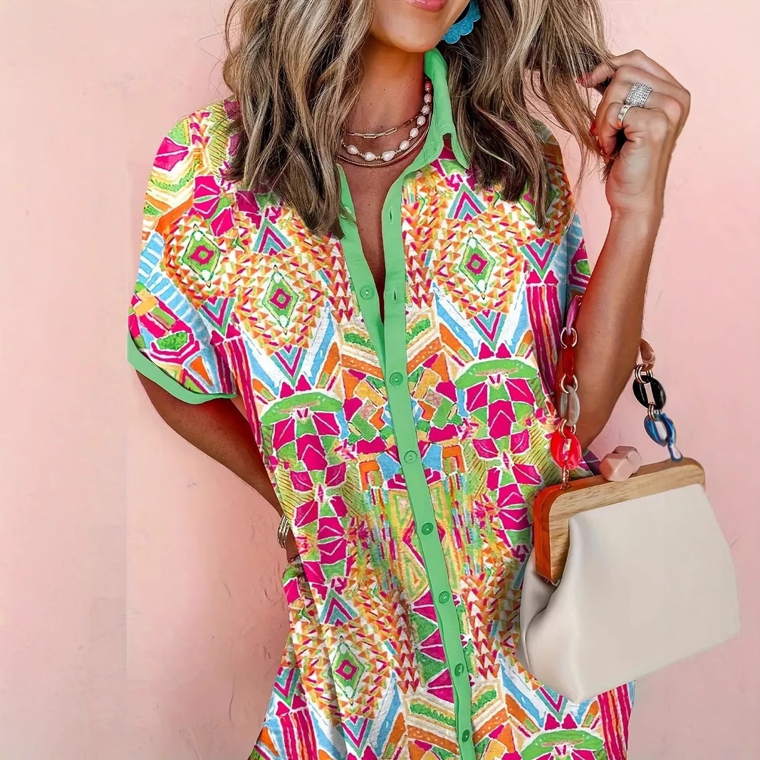 欧美亚马逊速卖通外贸跨境新款宽松几何抽象图像印花衬衫连衣裙