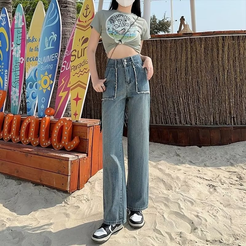 light blue Fashion Jeans Women's Ultra-high Waist Loose Pear-shaped Body Slimming Trendy Short Straight Pants Women