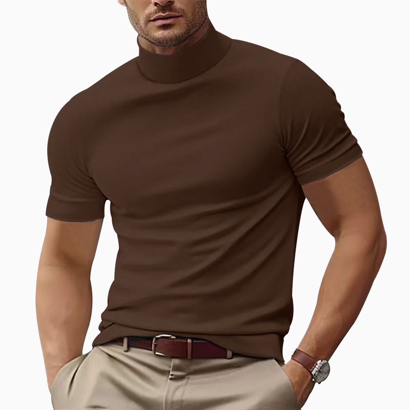 国境を越えたアマゾン夏の新型男性カジュアルtシャツ欧米ファッション半高襟修身純色シャツブーム|undefined