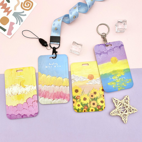 Oil painting scenery card set meal card student bus card school badge badge school badge protective cover transportation card strap lanyard