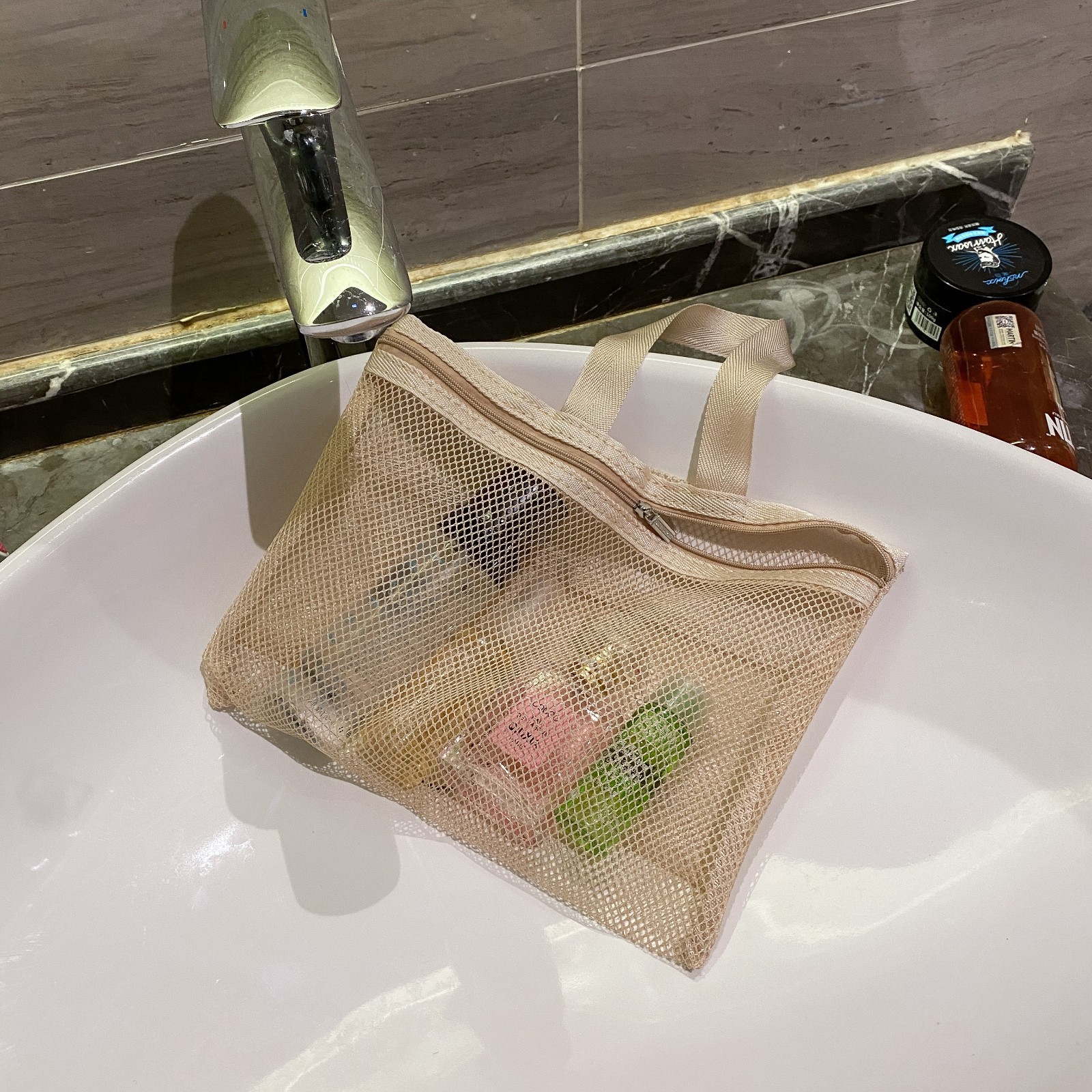 Ins 간단한 메쉬 휴대용 화장품 가방 보관 가방 다기능 거즈 투명 세면 용품 보관 가방 도매