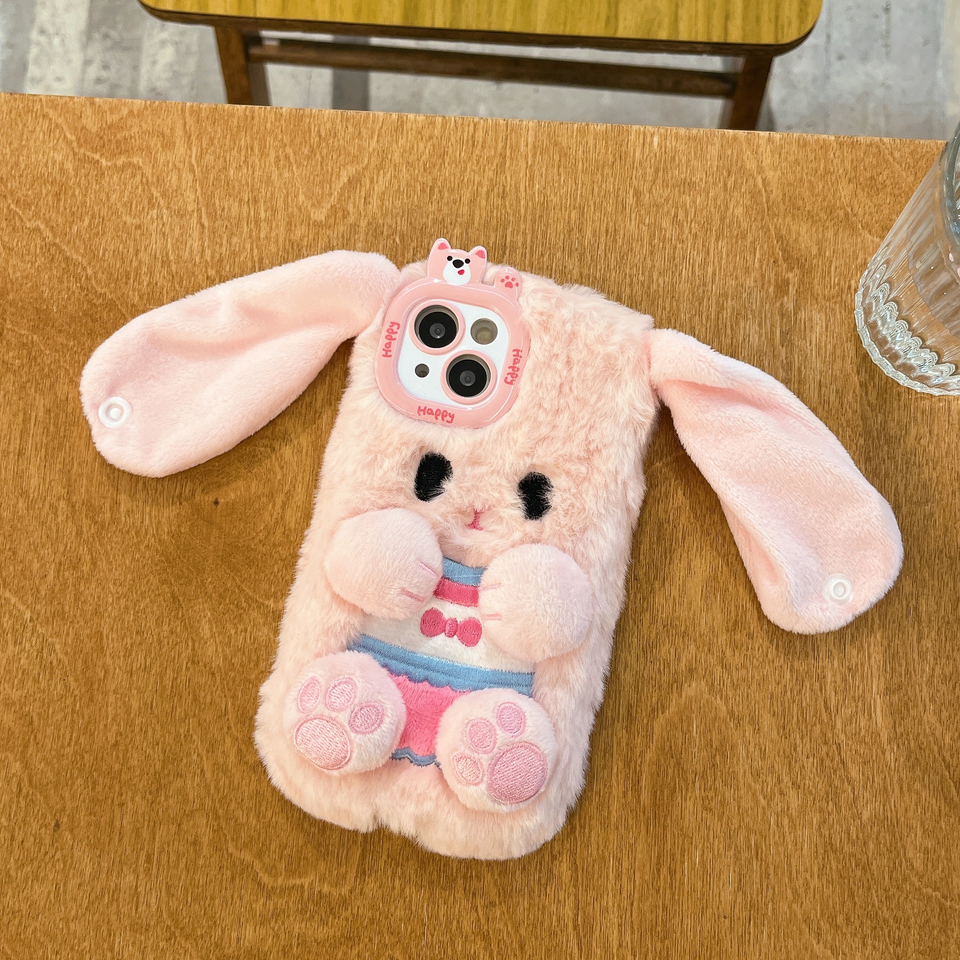 Botón de peluche lindo orejas conejo iPhone16 Apple 15 para 16 pro max cubierta de teléfono celular