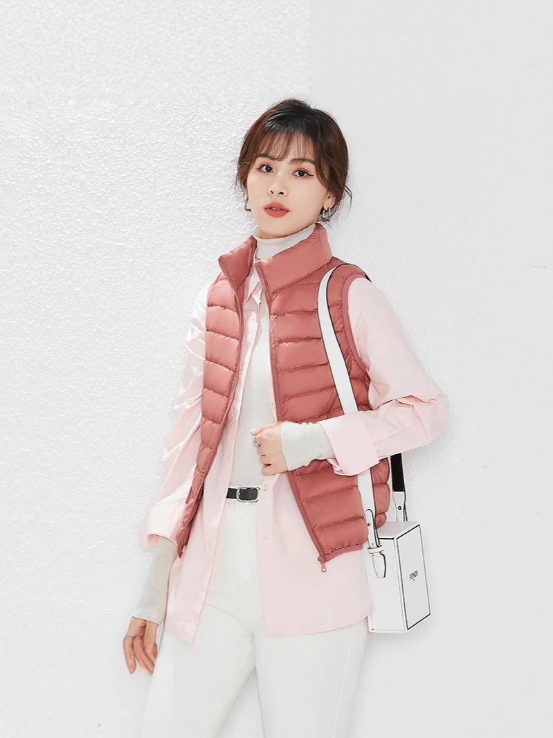 Tik Tok transfronterizo otoño y invierno nuevo tipo de chaqueta de plumón ligera para mujeres clip de caballo casual de moda chaleco de cuello de hombro vertical