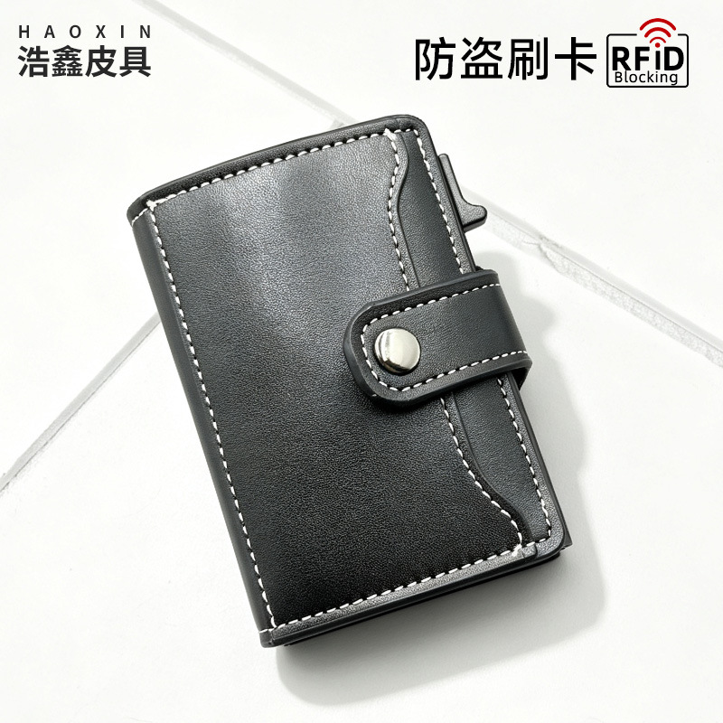 Cross-Border Amazon Hot-Selling Card Holder Rfid Anti-Theft Multifunctional Pu Large-Capacity Aluminum Card Case Side-Push Pop-Up Card Holder