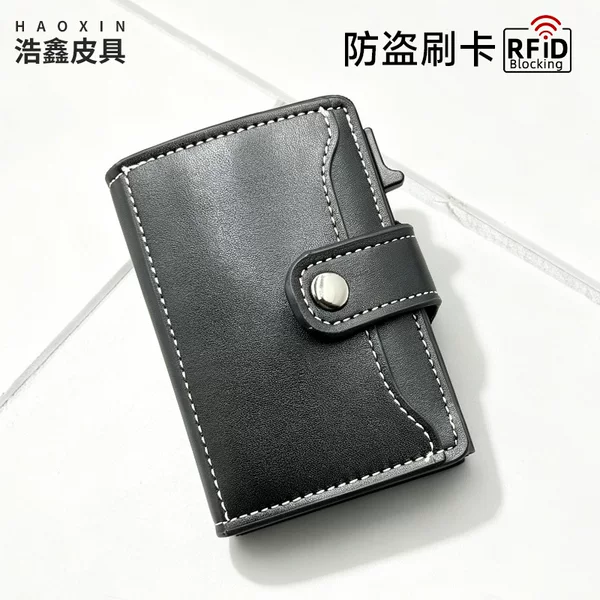 Cross-Border Amazon Hot-Selling Card Holder Rfid Anti-Theft Multifunctional Pu Large-Capacity Aluminum Card Case Side-Push Pop-Up Card Holder