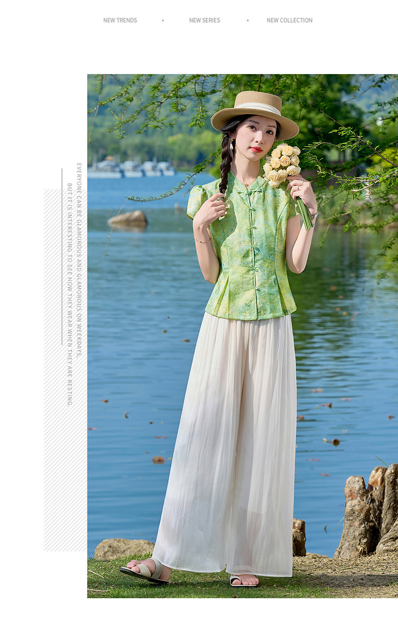 Bộ quần áo nữ mùa hè 2026 sơ mi cổ đứng họa tiết jacquard + quần ống đứng hai mảnh ZQ620 — Màu ảnh chi tiết 14