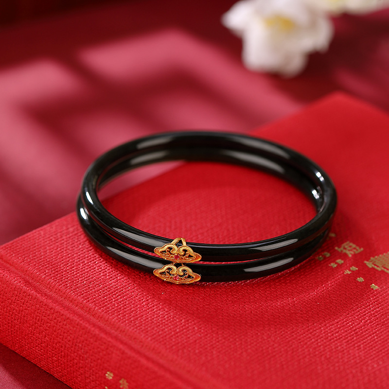 Vòng tay ngọc bích Hetian tự nhiên họa tiết hươu bạc S925 mạ vàng phong cách cổ điển — Đường kính trong 62mm (đơn), Đường kính trong 56mm (đơn), Đường kính trong 58mm (đơn), Đường kính trong 64mm (đơn)