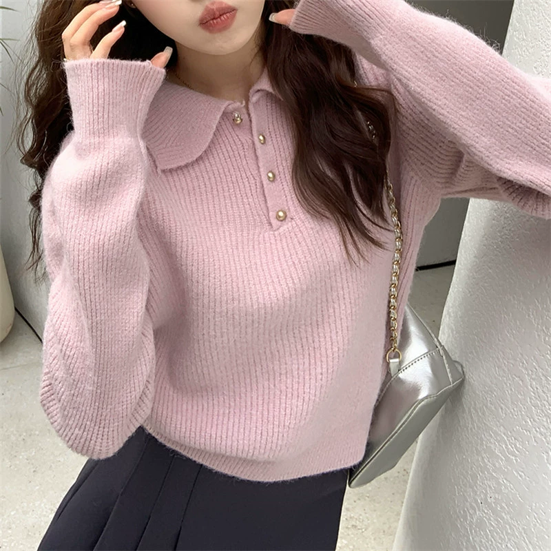 Свитер, вязаный теплый с длинным рукавом, ворот-поло, свободный крой