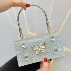 新款跨境歐美時尚復古滿鑽蝴蝶結鏈條小方包晚宴水鑽手提包斜挎包