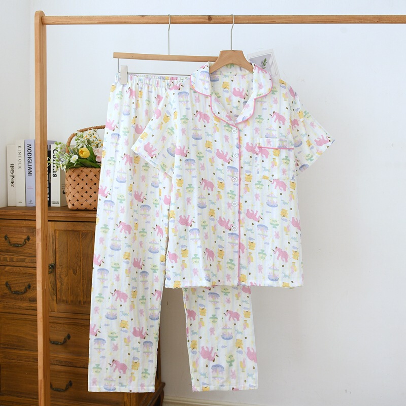 Summer 100% Pure Cotton Double-Layer Gauze Pajamas for Women, Short-Sleeved and Long-Pants, Thin and Sweet Breathable Home Wear Set for Spring and Autumn Summer 100% Pure Cotton Double-Layer Gauze Pajamas for Women, Short-Sleeved and Long-Pants, Thin and Sweet Breathable Home Wear Set for Spring and Autumn