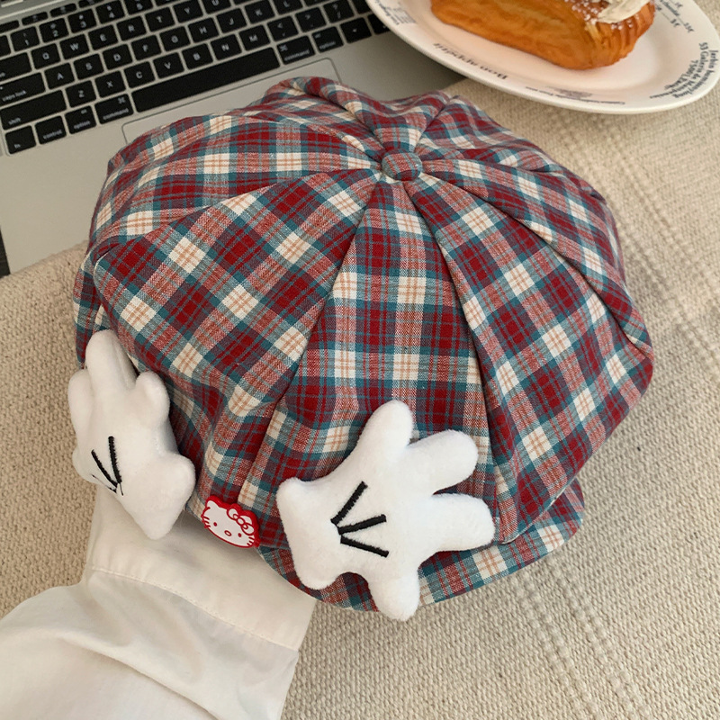 韩系可爱kitty猫格子贝雷帽女甜美百搭大头围显脸小八角画家帽子|undefined
