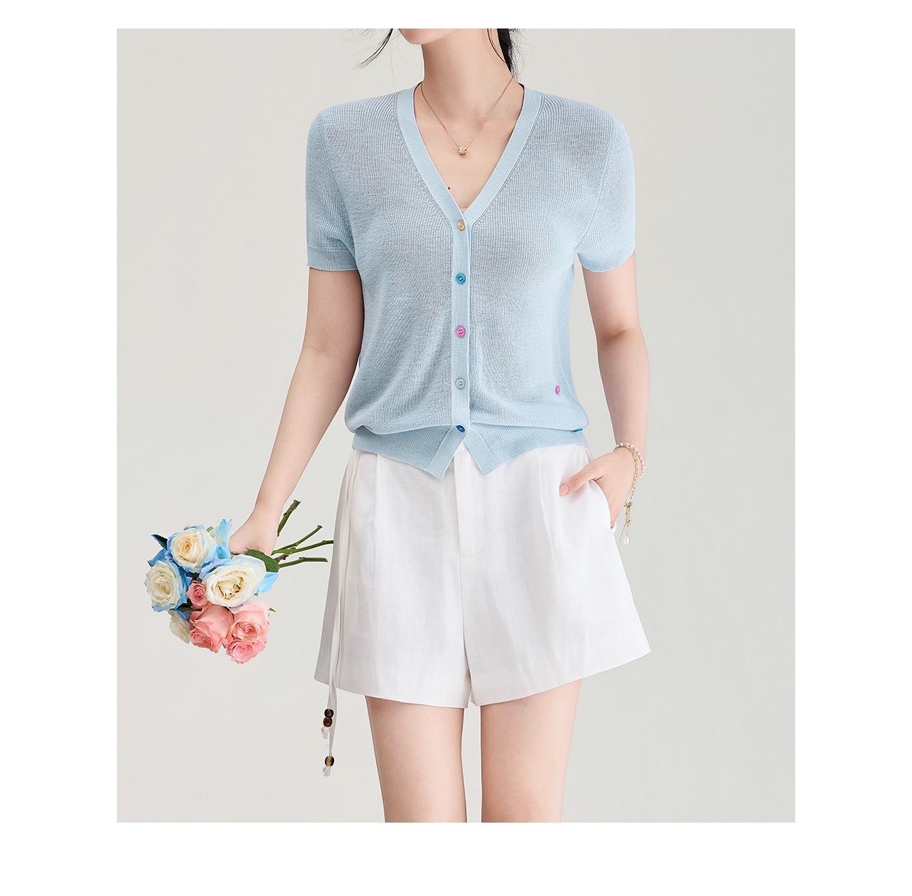 Áo cardigan nữ cổ V dệt kim sợi lanh siêu mịn, cúc màu, thoáng mát mùa hè — xanh lam chi tiết 3