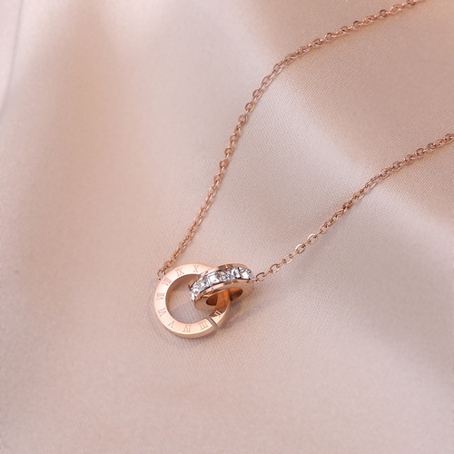 Necklace female internet celebrity new Japanese and Korean zircon Roman double ring wholesale rose gold fashion Korean version titanium steel necklace