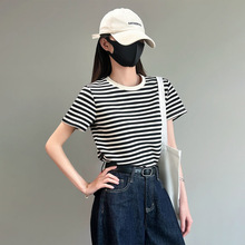 黑白条纹短袖t恤港风设计感小众半袖宽松百搭高级感上衣女夏显瘦