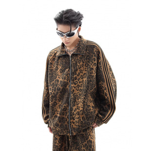 American Retro Leopard Print Sport suit Jacket Trendy Brand Men's vintage Digital Print Striped Jacket Sweatpants