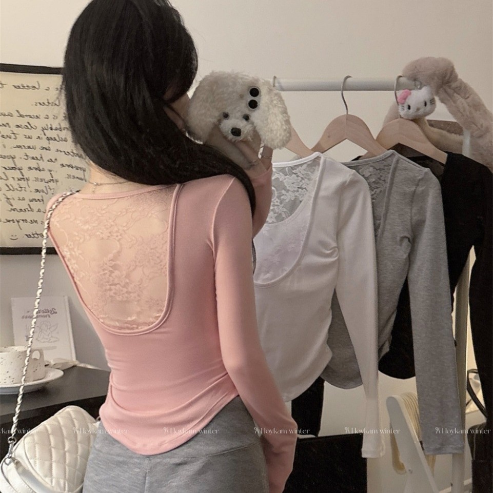 5165 Pure Desire Hollow Design Sexy Backless Lace Patchwork Long Sleeve Slim Fit Base Layer Hot Girl Top for Autumn and Winter