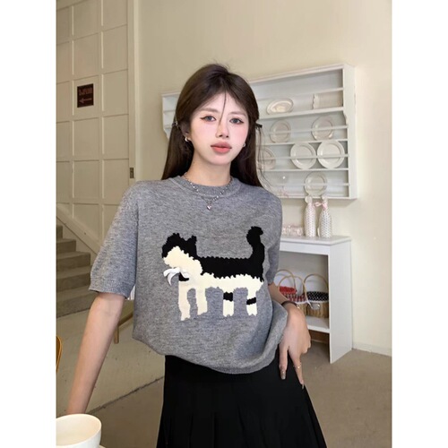 Spring and summer new style gray jacquard T-shirt for women's design loose round neck elastic sweater with short-sleeved top ins