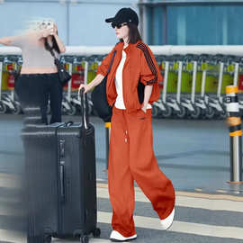 复古温柔风时尚套装女2026春秋季拼色条纹外套上衣直筒裤两件套