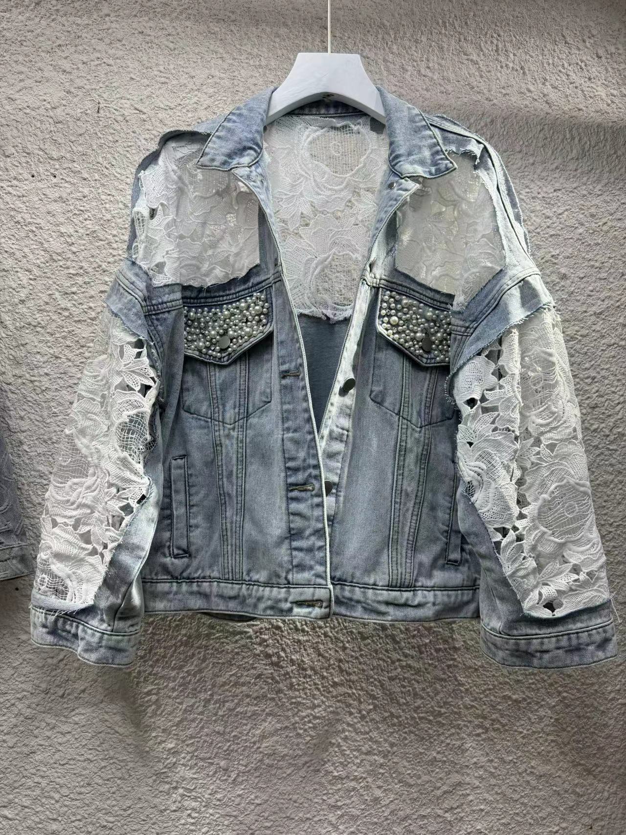 Sheer Embroidered Denim Jacket – Oversized Cropped Style With Lace Trim & UV Protection (S-XL, Light Wash, Casual-Chic Layering Essential)_mkmklike.com
