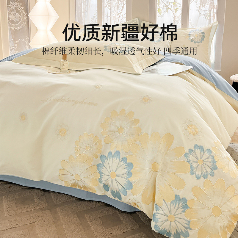 Cama de cuatro piezas de algodón puro algodón 2025 nuevo estilo ligero de lujo bordado funda edredón sábana ropa de cama de alta calidad traje de cuatro piezas ligero