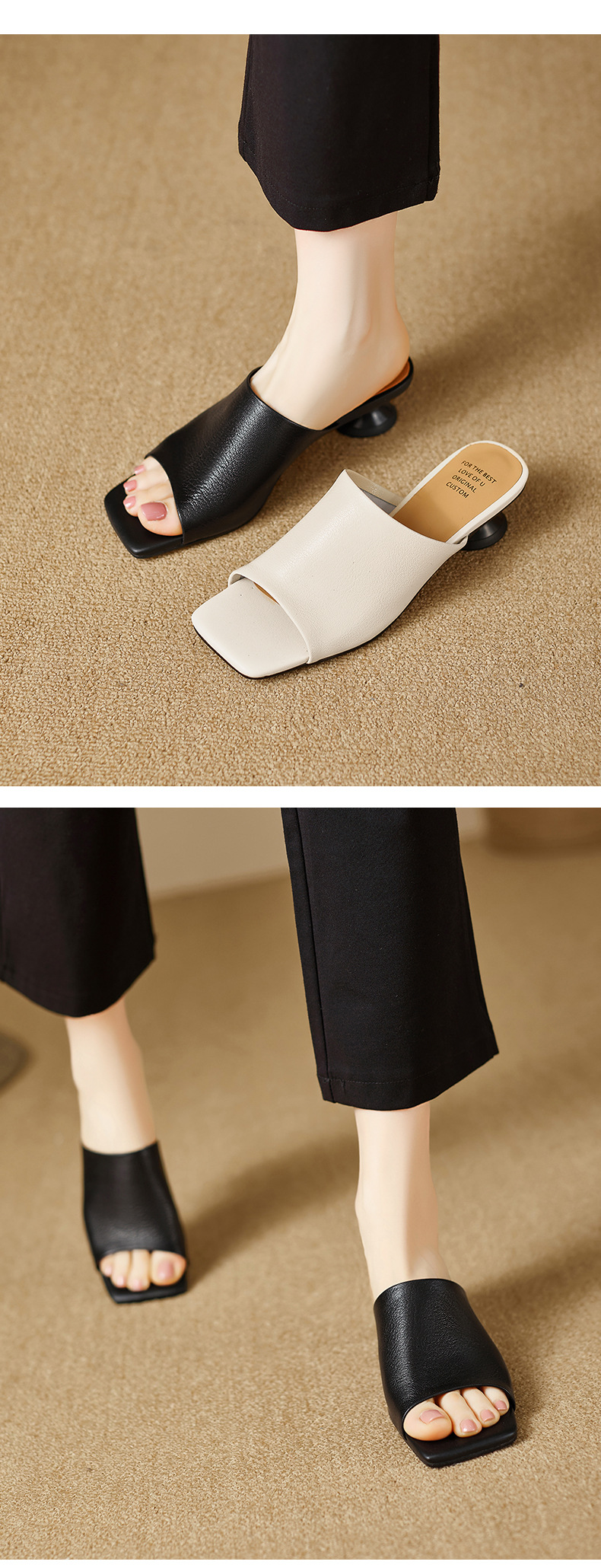 Sandal cao gót nữ da cừu mũi hở gót vuông 4 cm — đen chi tiết 4