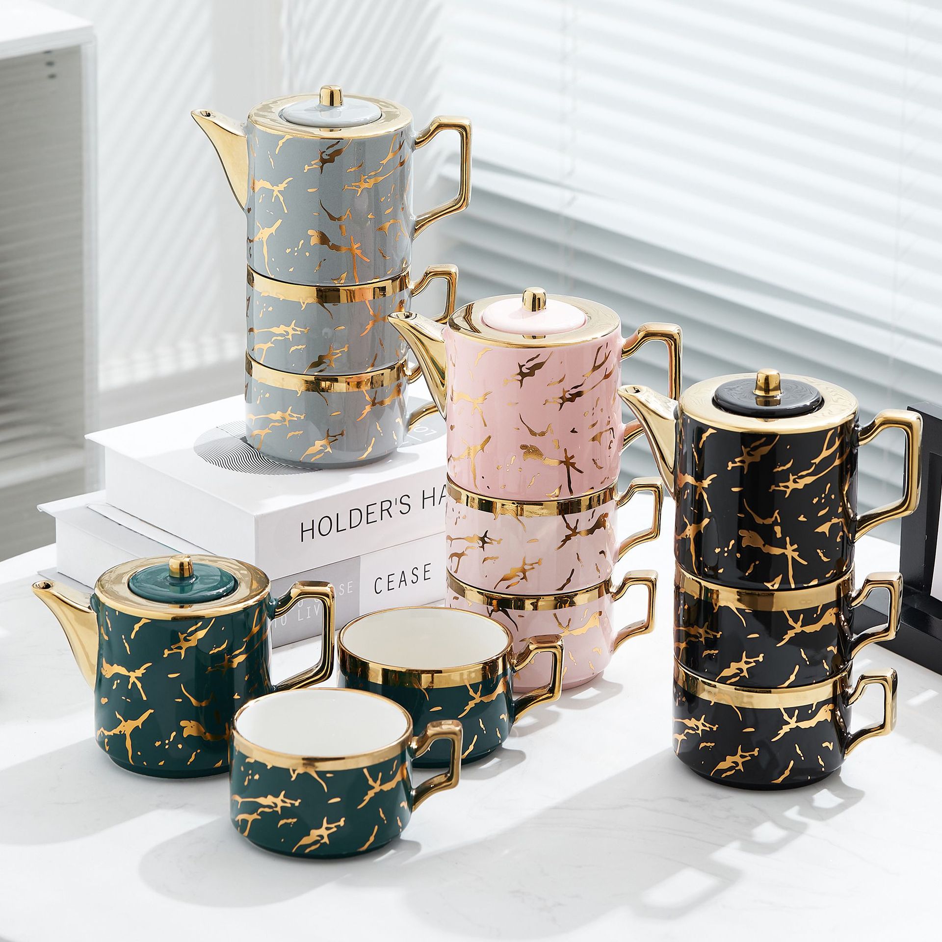 Oro marbling flor juego de té Nordic ins juego de té traje Luz de lujo tarde juego de té caja de regalo embalaje