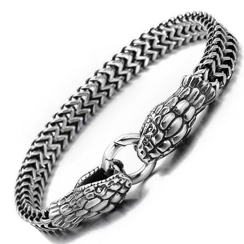Cross-Border Titanium Steel Vintage Snake Men's Zodiac Snake Bracelet Hip-Hop Double Snake Head Bangle Retro Style Jewelry Wholesale for Women