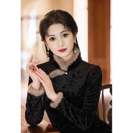 黑色旗袍2025新款高端修身秋冬季加绒改良新中式日常可穿复古气质