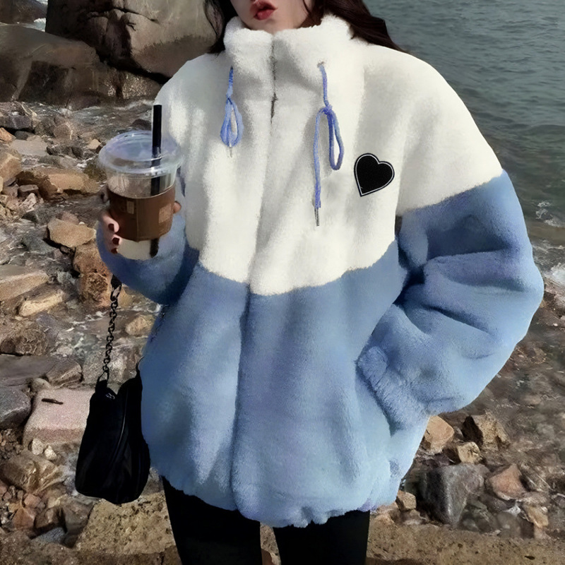 European and American Cross-Border Autumn and Winter New High-End Stand-Up Collar Furry Warm Jacket with Contrasting Color Zipper Lamb Wool Women's Top