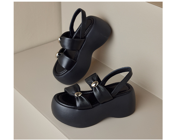 Sandal nữ đế xuồng dày 8cm quai ngang hở mũi phong cách La Mã — đen, trắng chi tiết 18
