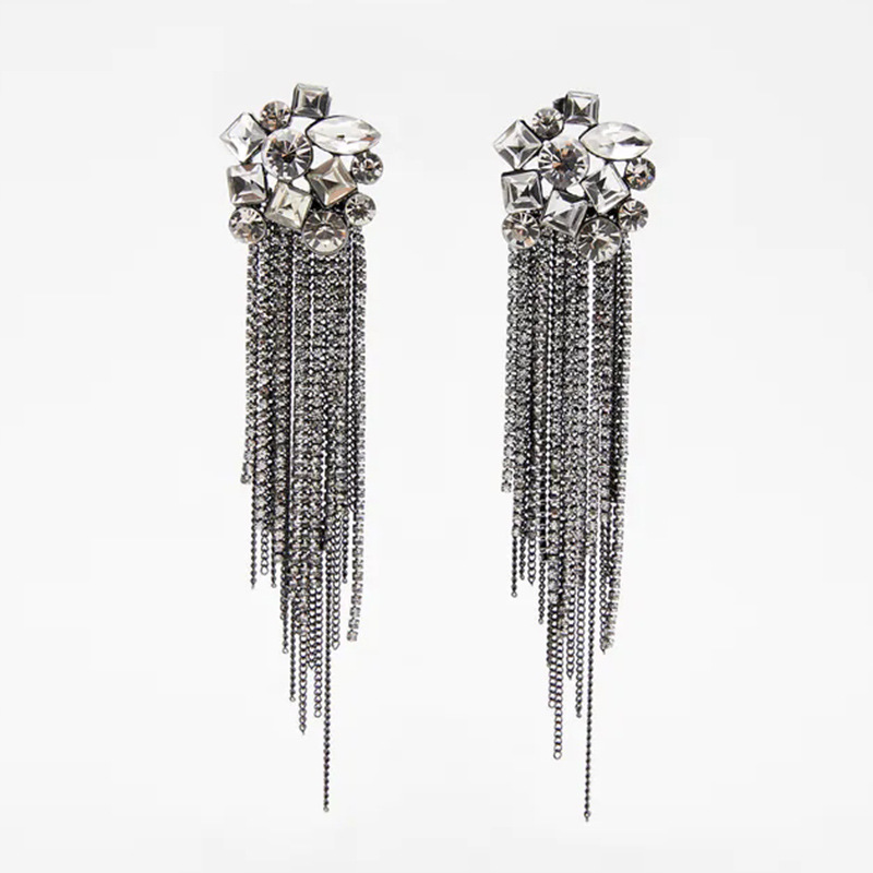 Long Tassel Metal Black Rhinestone Earrings European And American Crystal Earrings display picture 3
