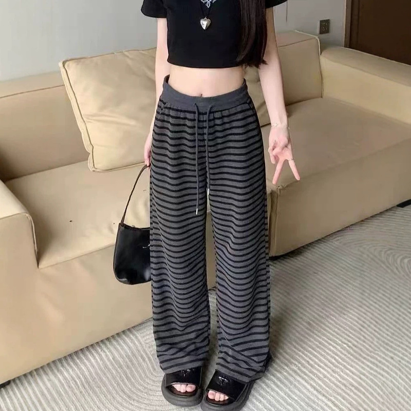 【Supports Mixed Orders】Korean Style Soft Knit Lazy Style Striped Wide-Leg Pants for Women, Spring and Autumn, Elastic Waist