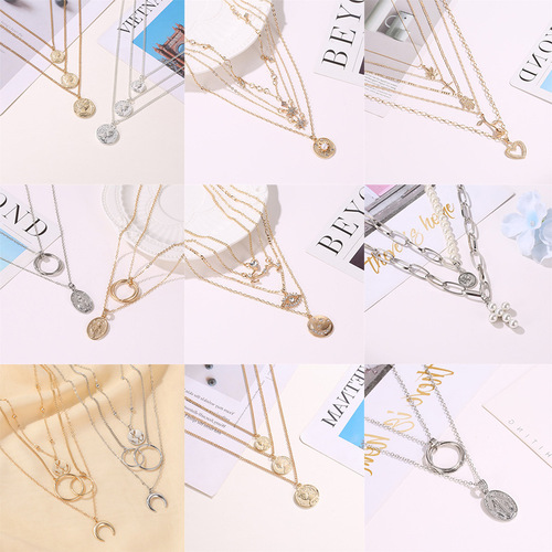Hot-selling Geometric Layered Necklace for Women: Vintage European & American Style, Featuring Butterfly and Heart Pendant Designs, Multi-Strand Clavicle Chain, Perfect as a Sweater Necklace