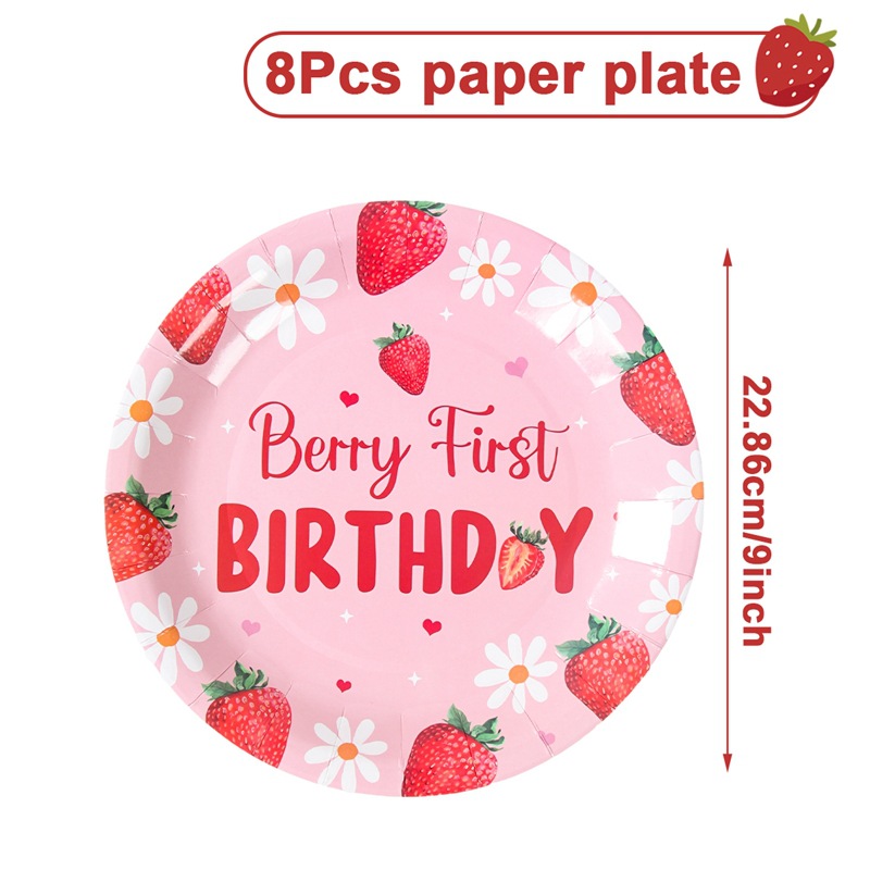 Fiesta temática de fresa chica rosa fruta cumpleaños vasos de papel desechables bandejas de papel cubiertos set decoración de mesa