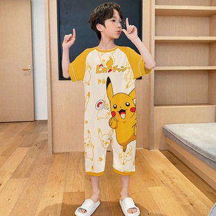 Children's Summer Boys' Pure Cotton Cartoon Casual Pajamas New Pure Cotton Short-Sleeved Medium and Large Kidsren's Jumpsuits Home Pajamas